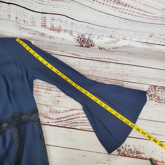 Jonathan Simkhai Blue Dress Black Lace Trim 4 Swing Party Flare Bell Sleeve NWT - Picture 16 of 16